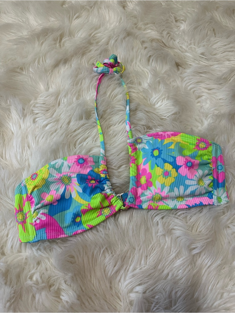 Xhilaration Neon Floral Bandeau Bikini Top in Aqua and Pink